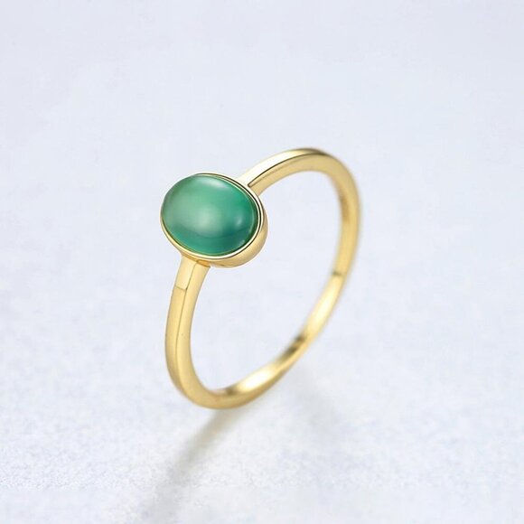 18k Gold Plated over 925 sterling silver Cabochon 7x5 created oval Emerald Ring - Picture 3 of 6